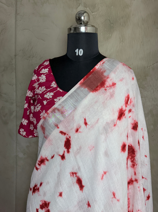 White Linen Cotton Saree with Crimson Tie-Dye Abstract Pattern