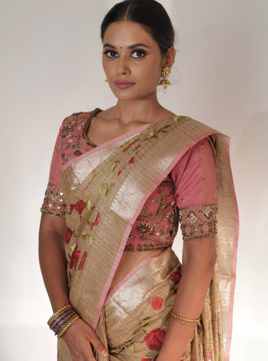 Beige Pink Matka Silk Tissue Saree with Floral Embroidery