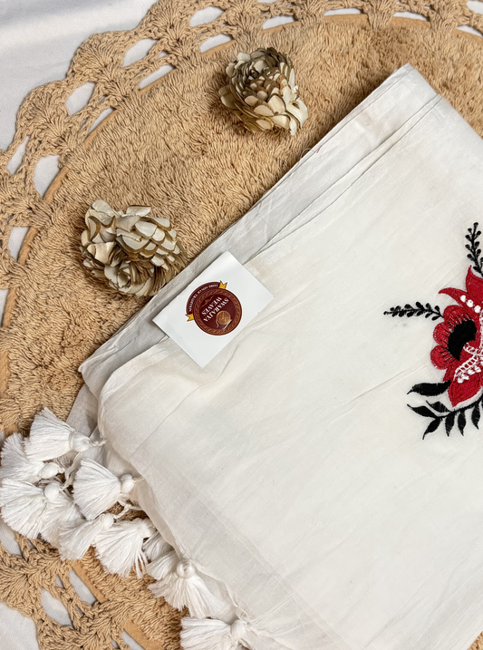 Ivory Mul Cotton Saree with Bold Red Floral Embroidery