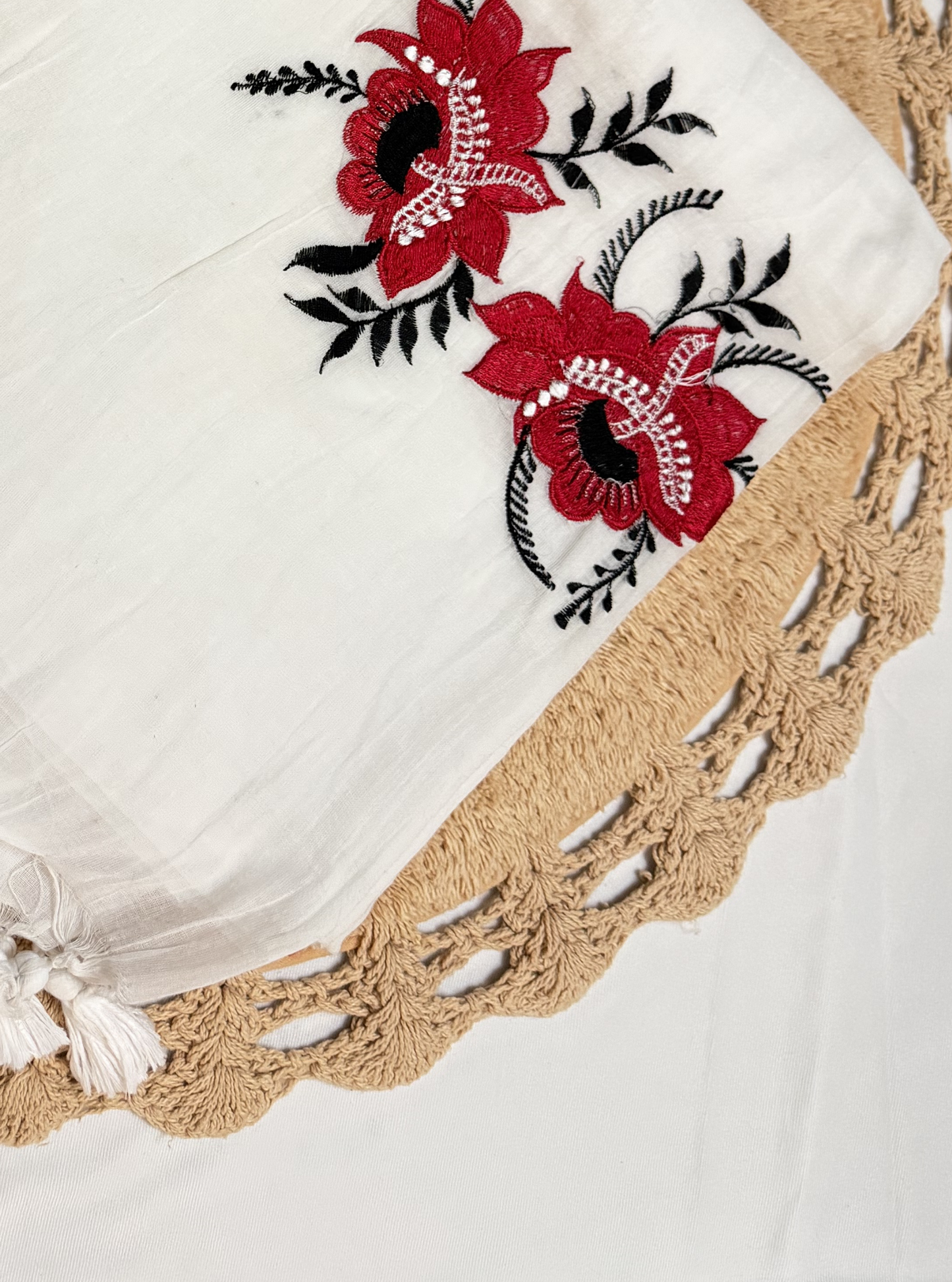 Ivory Mul Cotton Saree with Bold Red Floral Embroidery