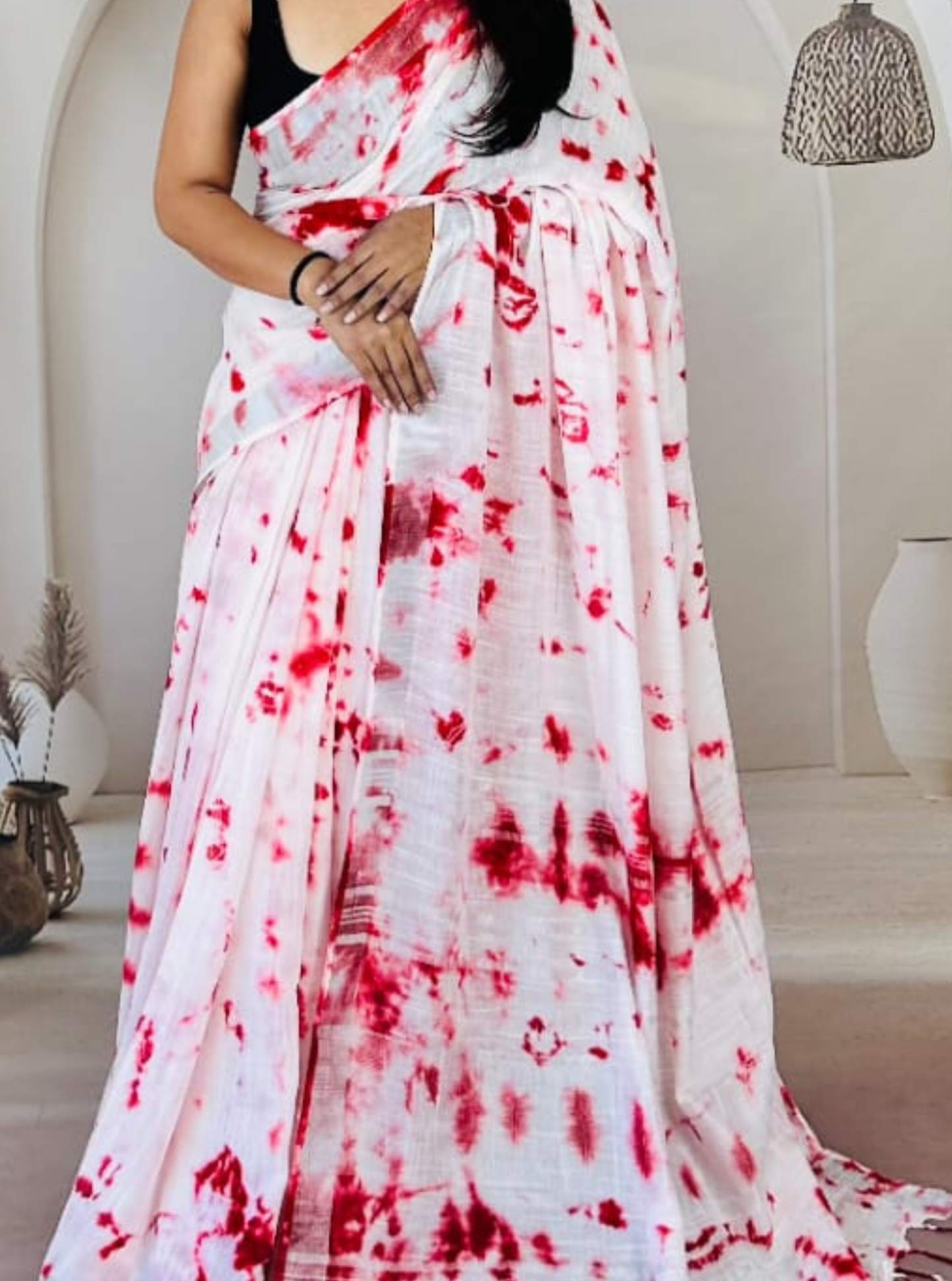 Elegant White & Red Tie-Dye Linen Cotton Saree