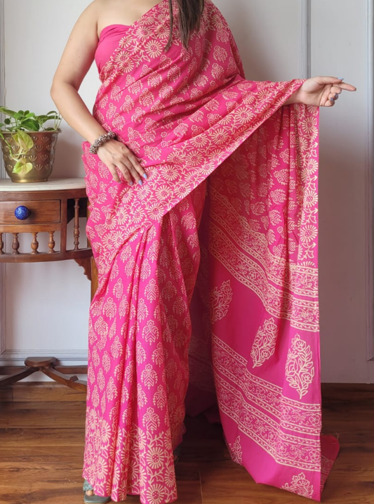 Bright Pink Bagru Print Cotton Saree with Floral Motifs