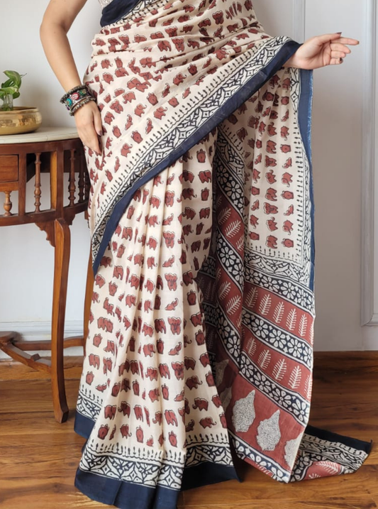 Beige Bagru Print Cotton Saree with Traditional Elephant Motifs