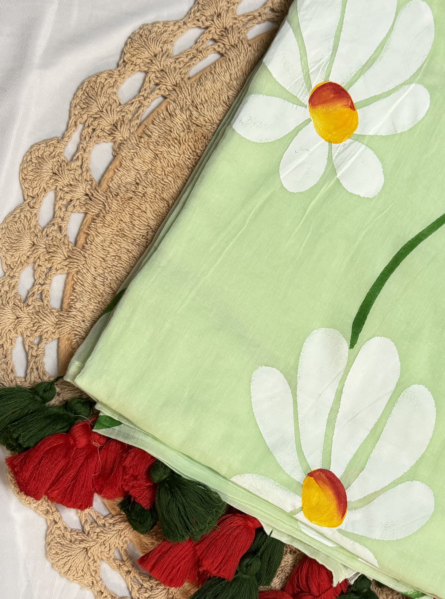 Mint Green Mul Cotton Saree with White Floral Hand-Painted Design