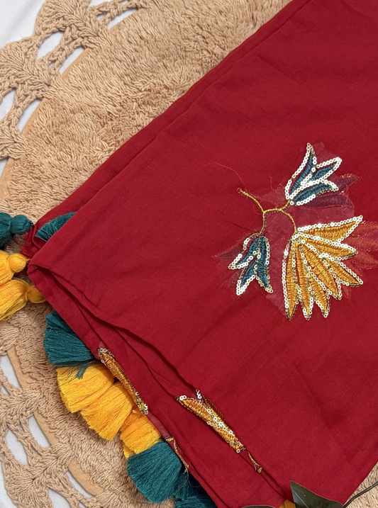 Elegant Red Mul Cotton Saree with Designer Embroidery & Contrast Tassels