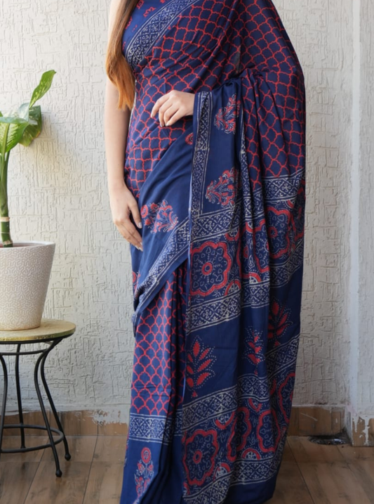 Elegant Navy Blue Modal Silk Saree with Ajrakh-Inspired Geometric Prints