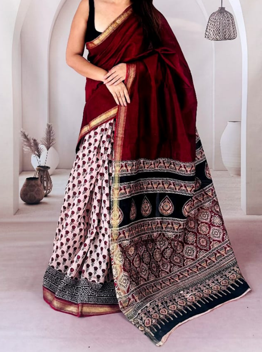 Maroon & Ivory Maheshwari Silk Saree with Traditional Printed Pallu