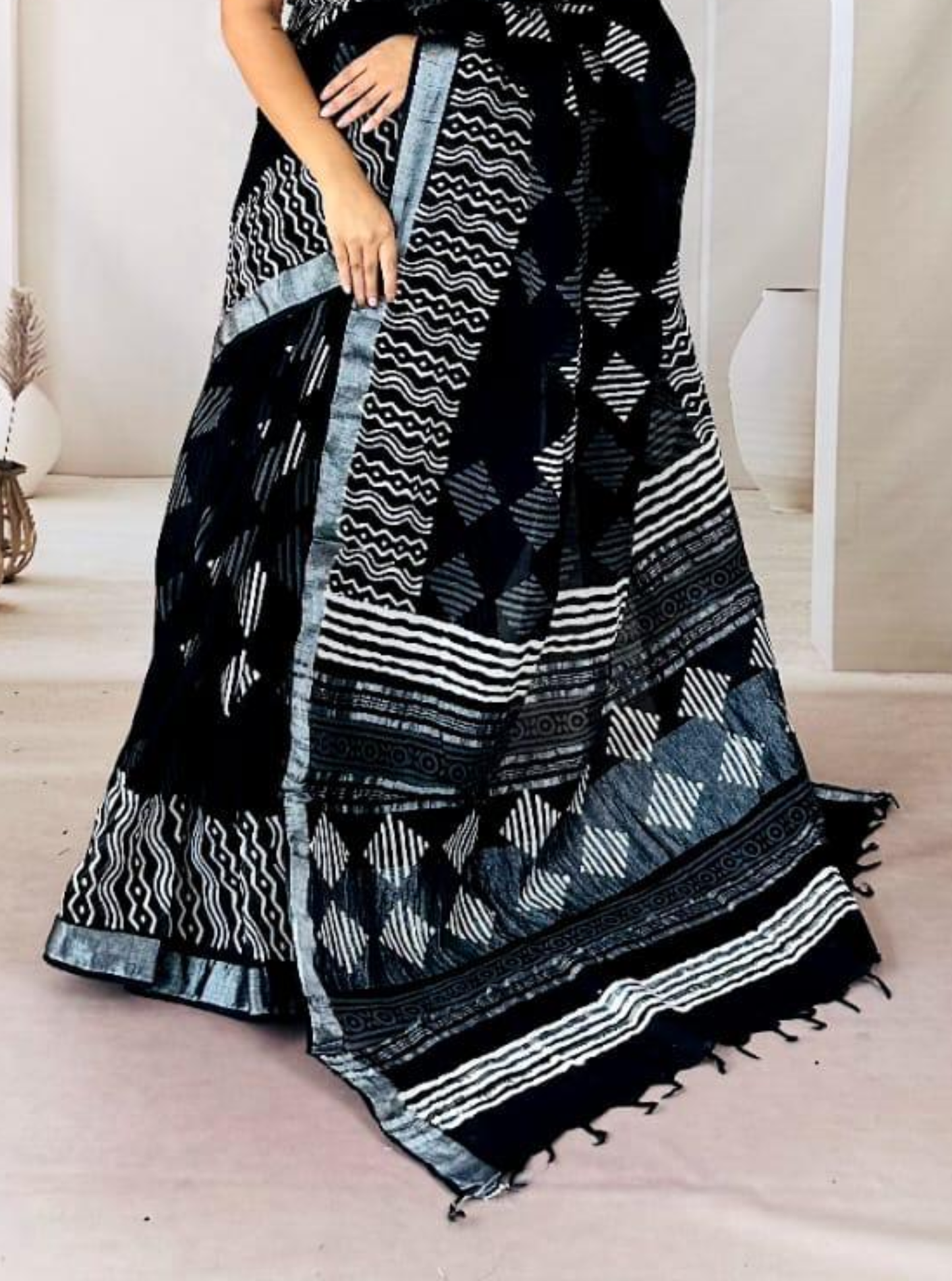 Classic Black Hand-Printed Linen Cotton Saree with Geometric & Wave Motifs