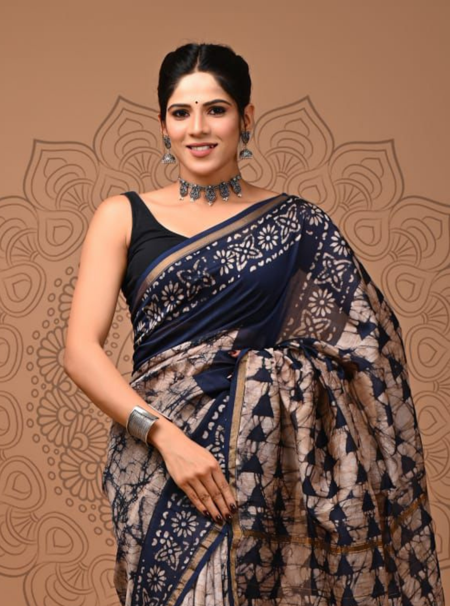 Indigo & Beige Chanderi Silk Ajrakh Saree with Shibori-Inspired Patterns