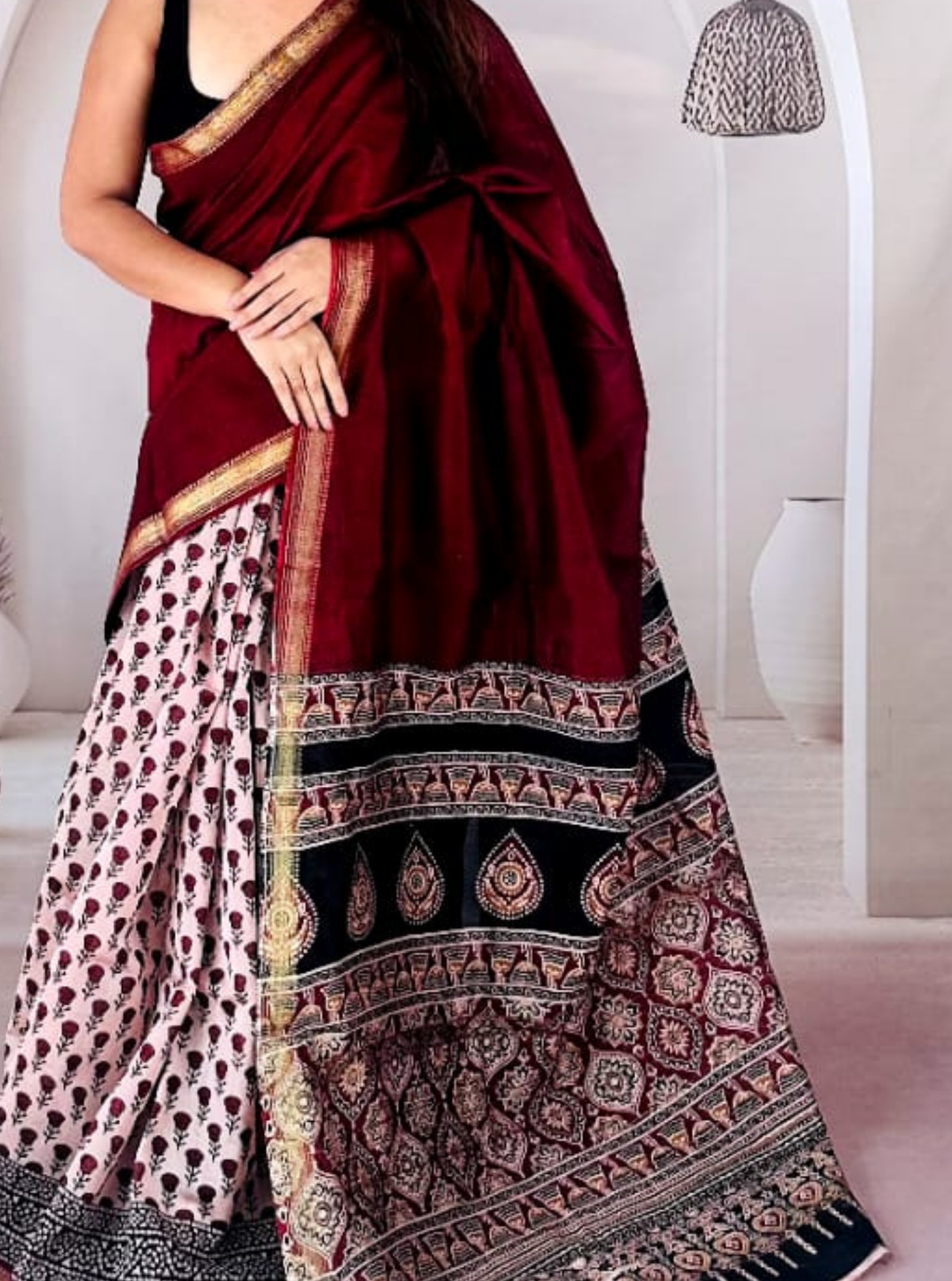 Maroon & Ivory Maheshwari Silk Saree with Traditional Printed Pallu