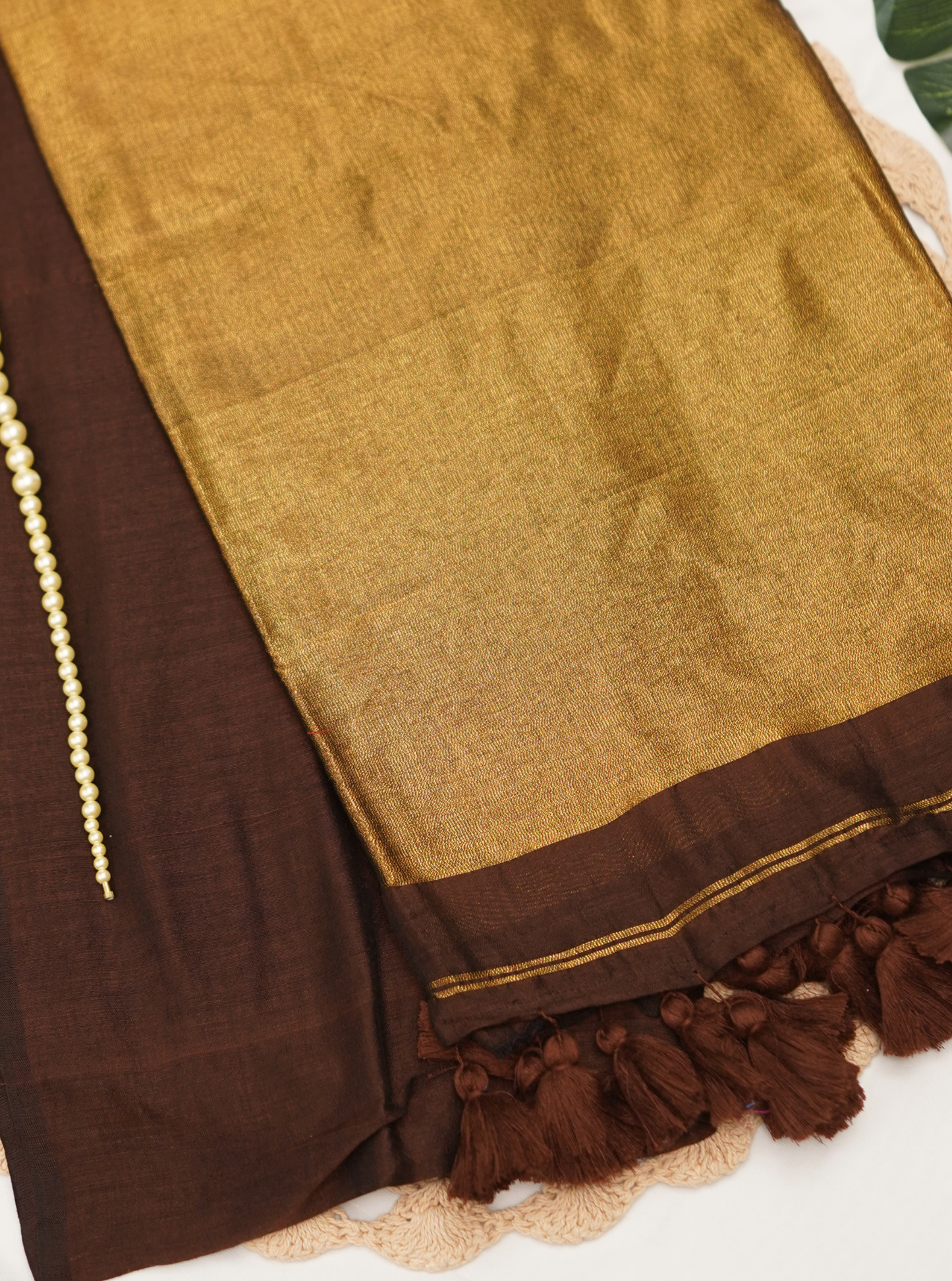 Chocolate Brown Mul Cotton Saree with Rich Gold Pallu & Tassels