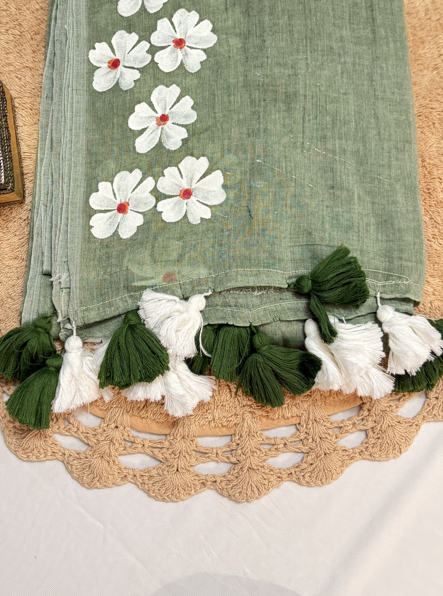 Sage Green Mul Cotton Saree with Handpainted Floral Trail & Tassels
