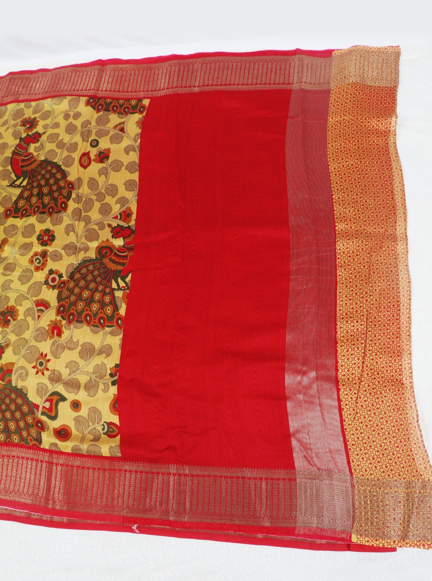 Ivory Chanderi Silk Saree with Peacock Kalamkari Motifs & Red Zari Border