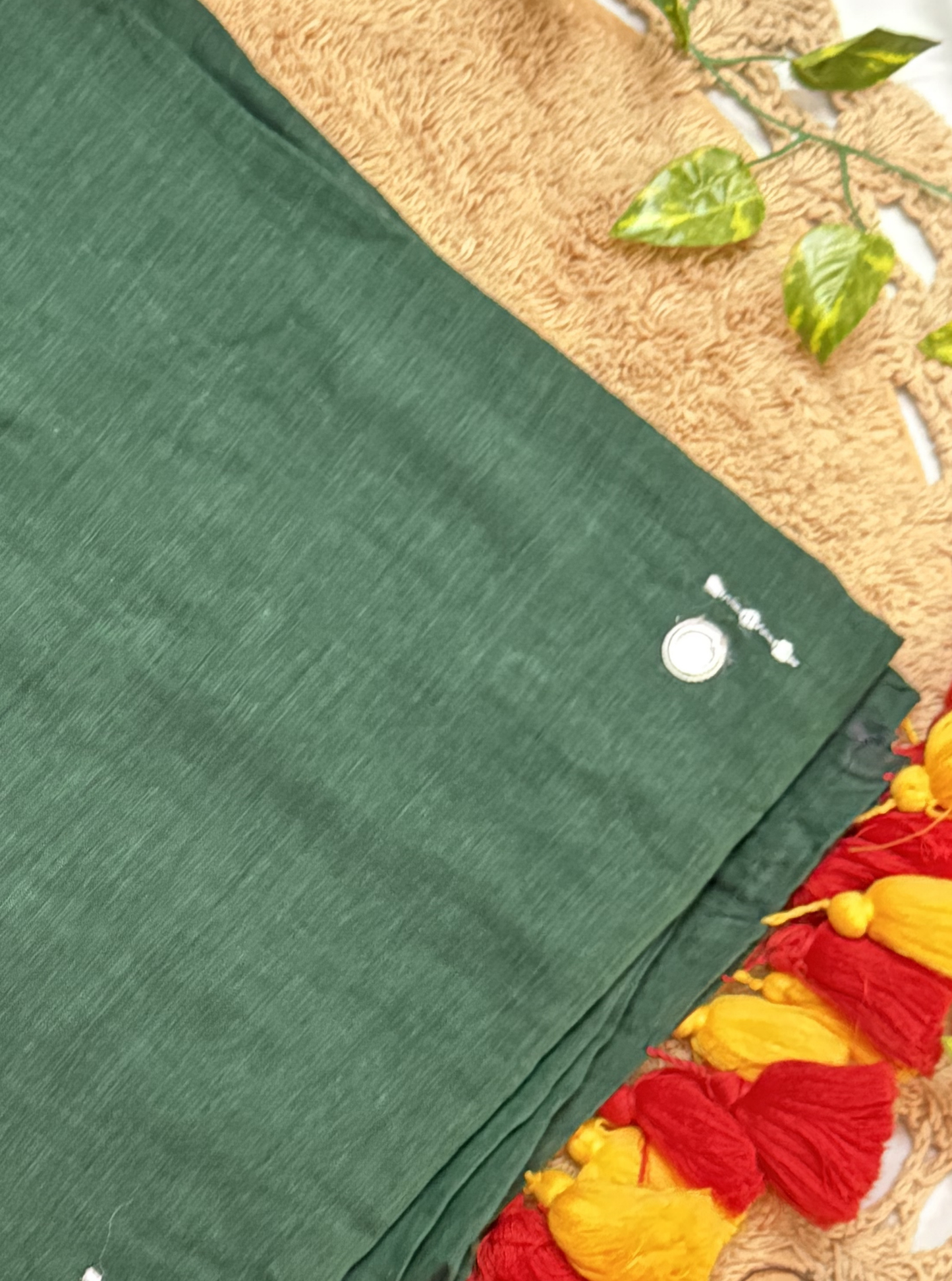 Forest Green Mul Cotton Saree with Contrast Red & Yellow Tassels