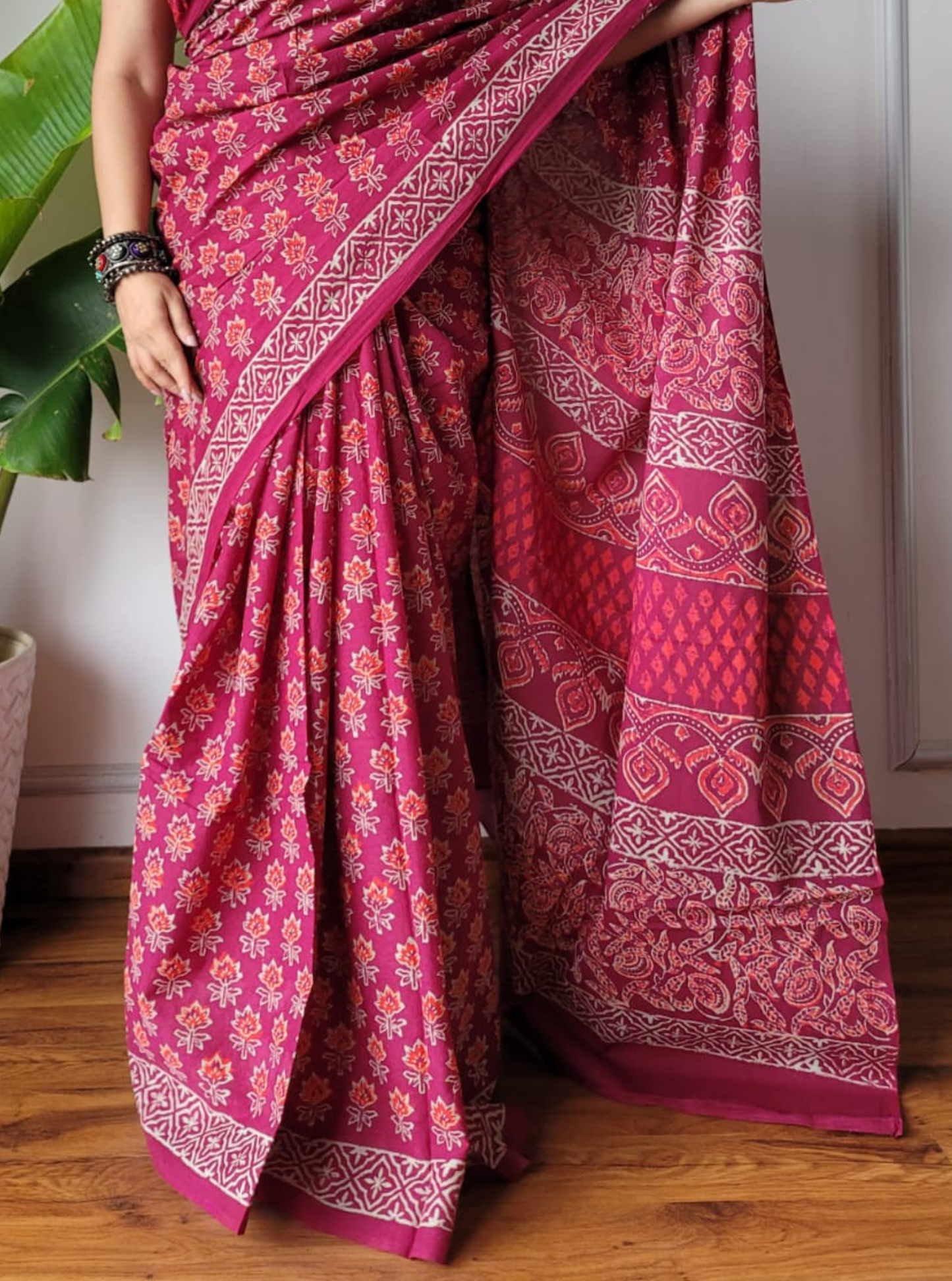 Raspberry Pink Bagru Print Cotton Saree with Intricate Ethnic Pallu