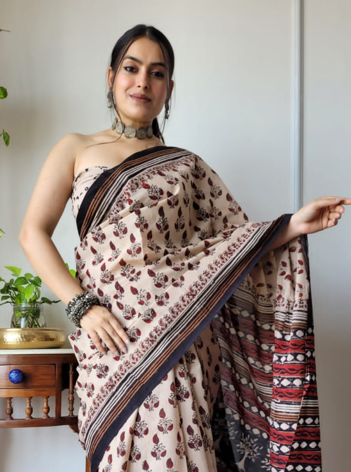 Beige & Black Bagru Print Cotton Saree with Ethnic Pallu