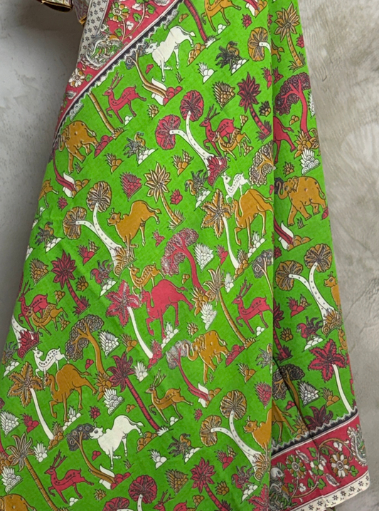 Parrot Green Cotton Kalamkari Saree with Forest & Animal Motifs