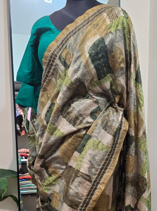 Multicolor Tussar Saree with Abstract Design & Sequin Hand Embroidery