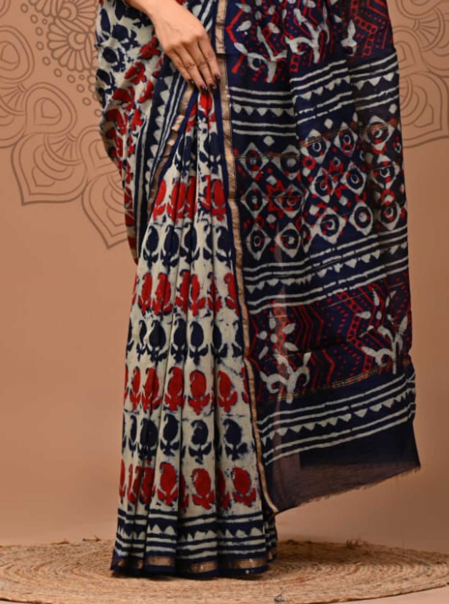 Ivory & Navy Chanderi Silk Ajrakh Saree with Floral & Geometric Motifs