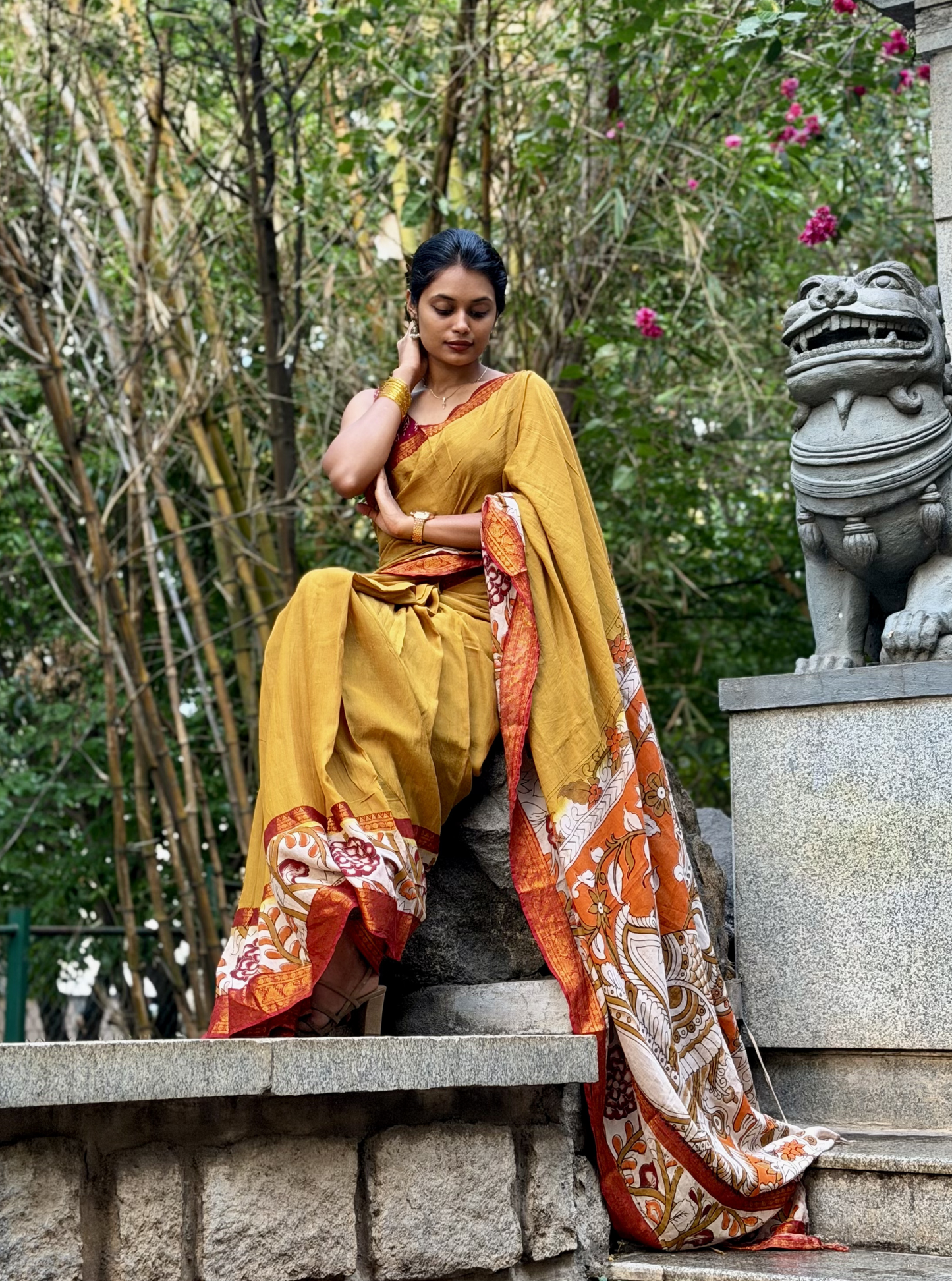 Mustard Kalamkari Mangalagiri Silk Saree with Artistic Pallu