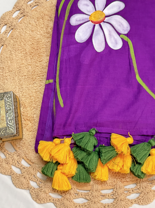 Violet Mul Cotton Saree with Handpainted Daisy Motif & Contrast Tassels