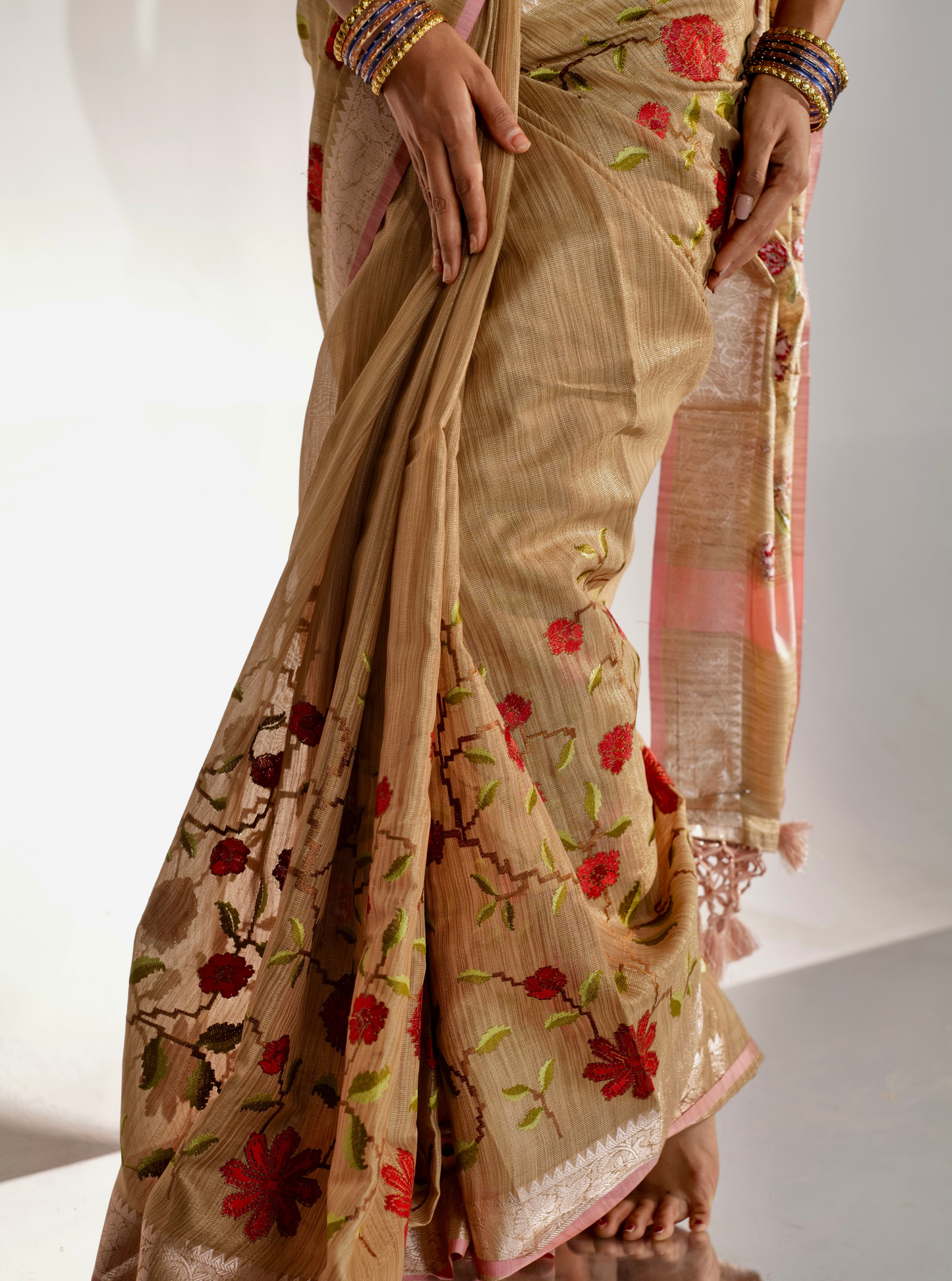 Beige Pink Matka Silk Tissue Saree with Floral Embroidery