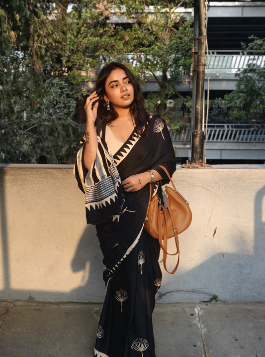 Midnight Bloom Modal Silk Hand-Blocked Ajrakh Saree