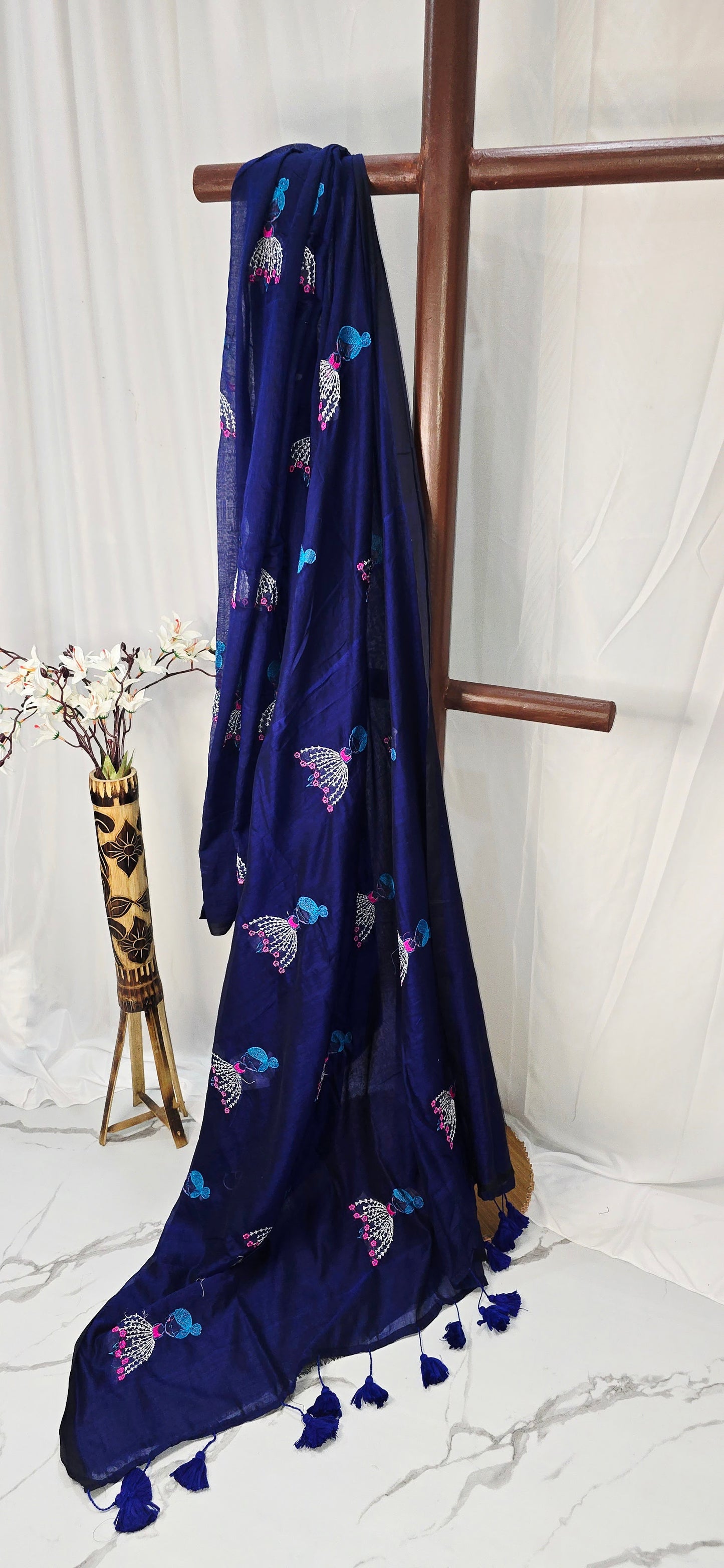 Navy Blue Mul Cotton Saree with Embroidery & Tassel Pallu