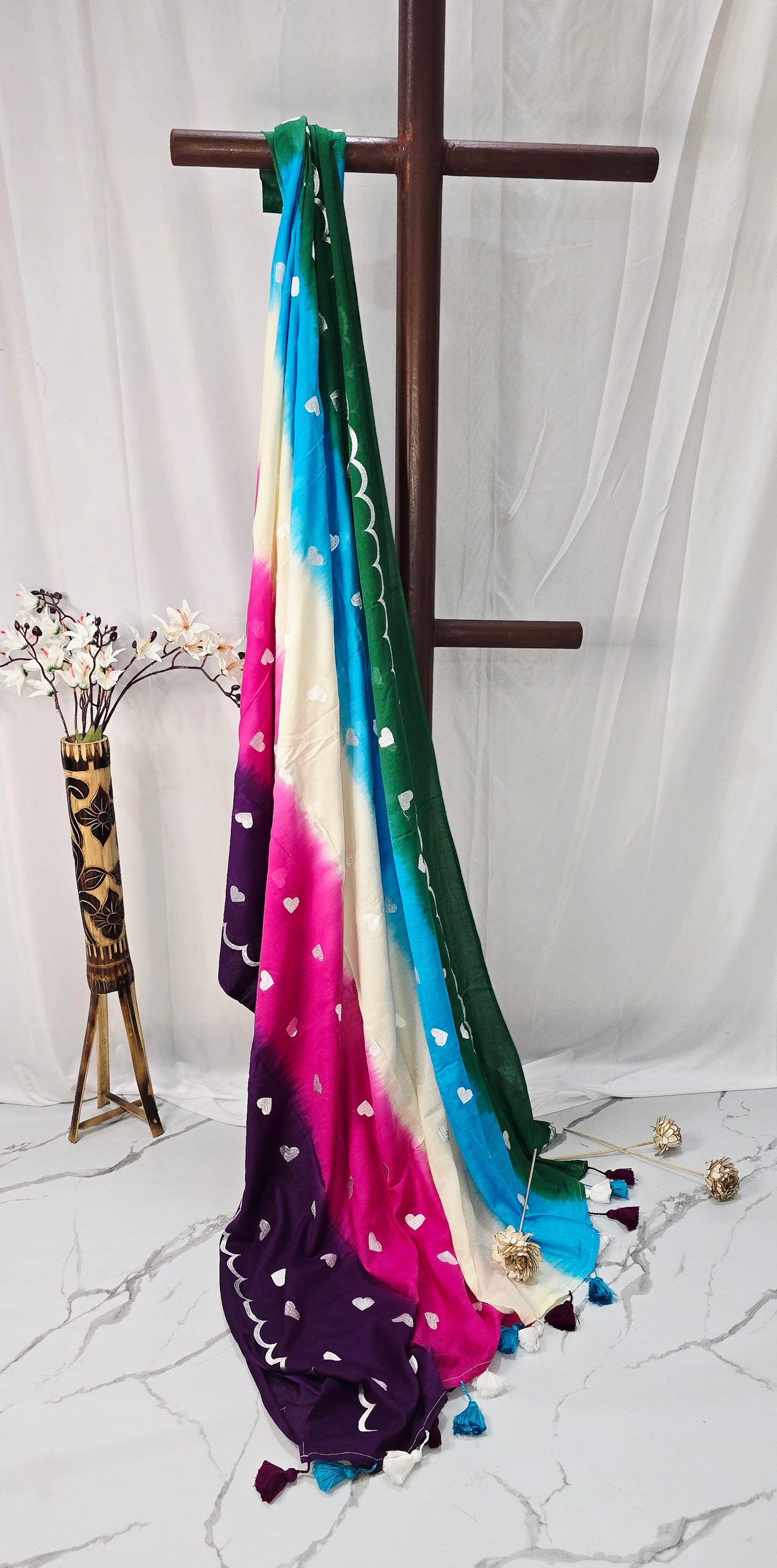 Mul Cotton Multicolor Saree with Hand Block Print & Tassel Detailing