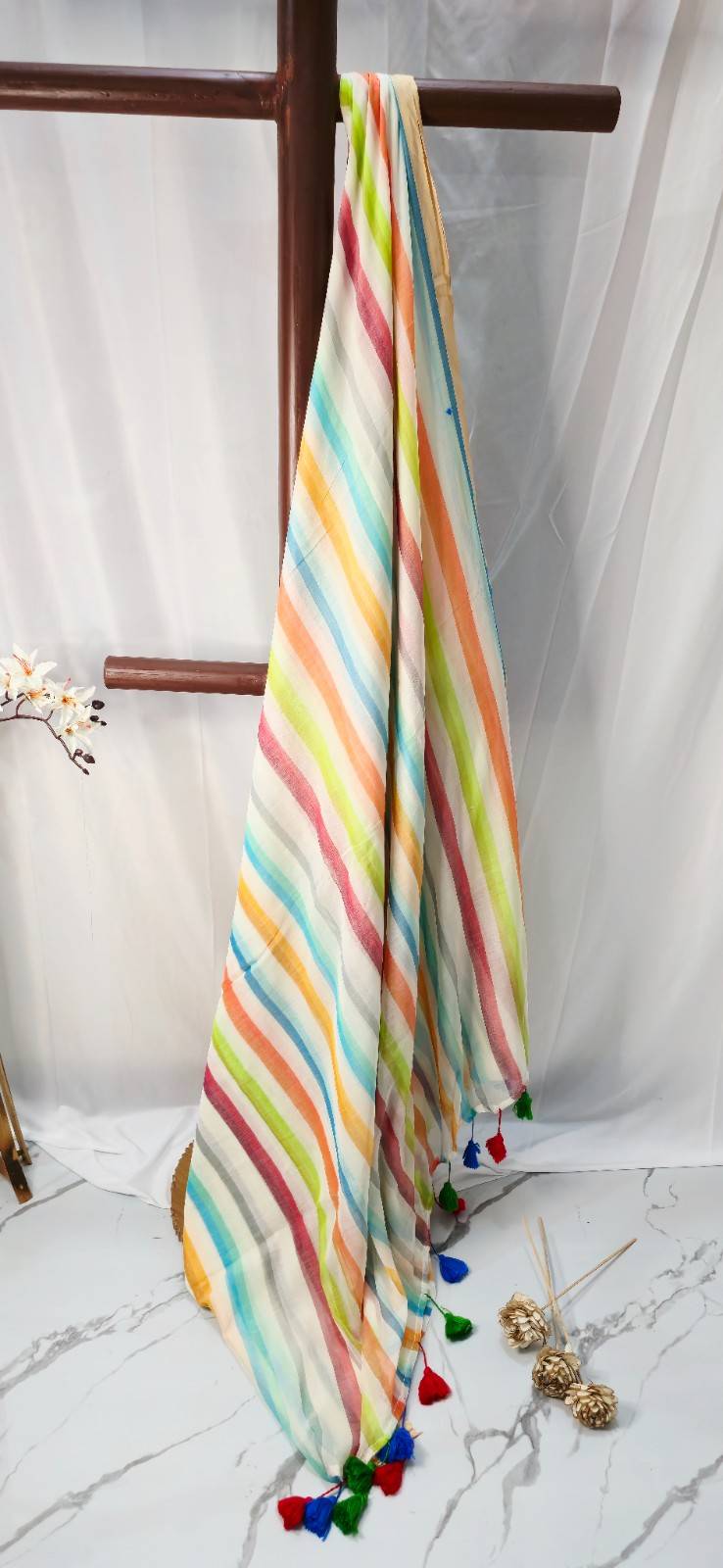 Multi-Color Striped Mul Cotton Saree with Tassel Detailing