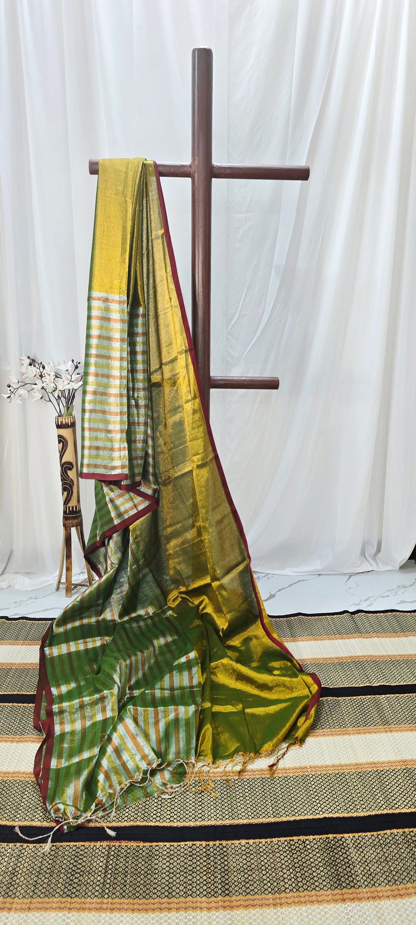 Green & Gold Tissue Saree with Striped Pallu and Maroon Border