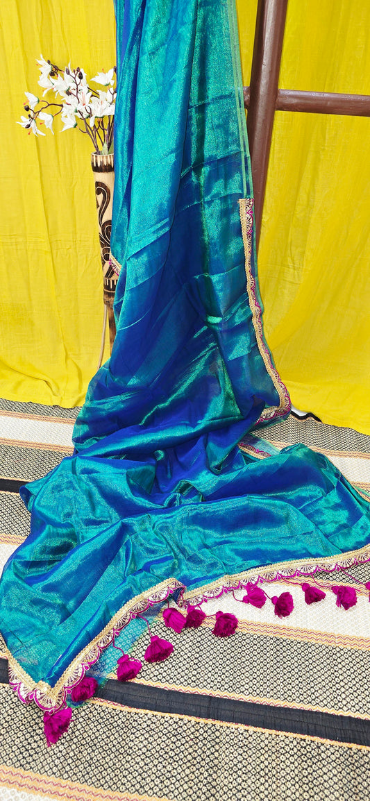 Elegant Blue Tissue Cotton Saree with Lace Border for Festive Wear