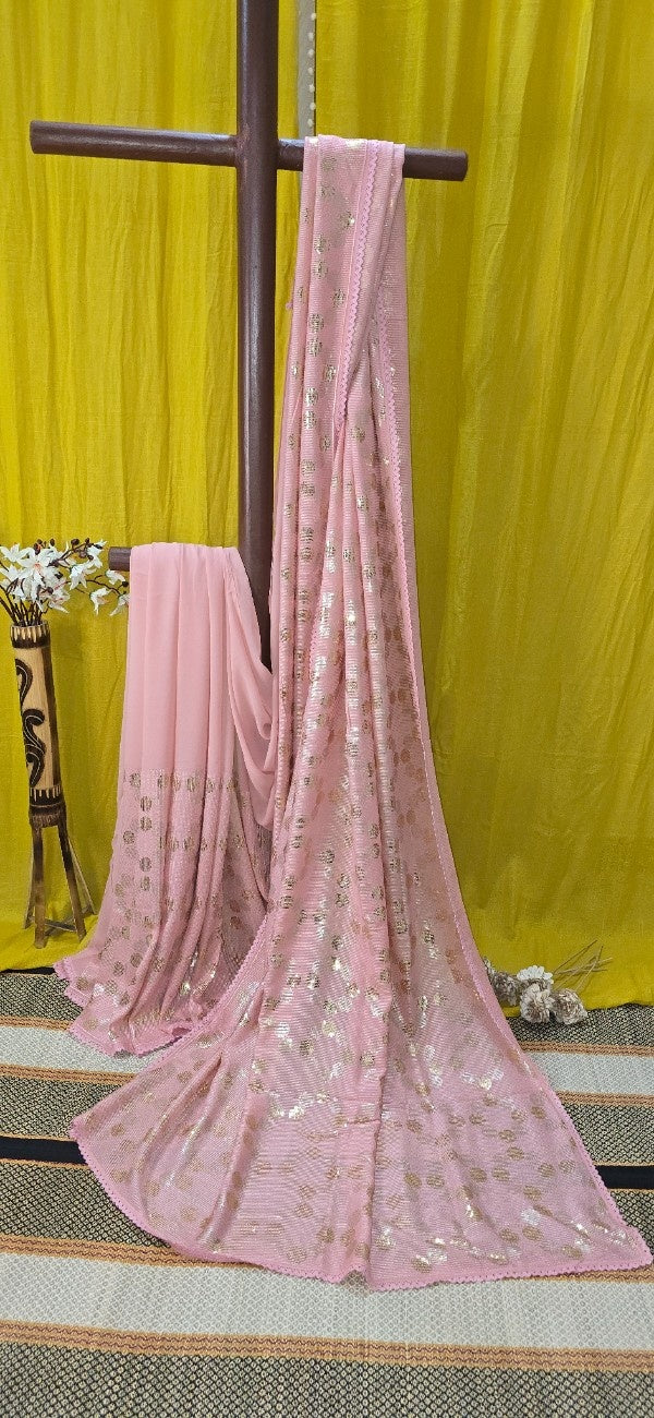 Blush Pink Georgette Party Saree with Sequin Polka Dots & Scalloped Border