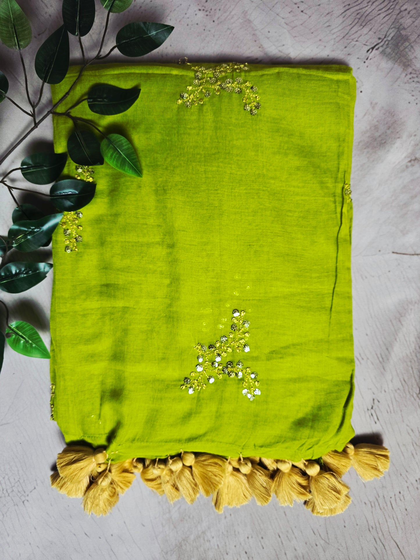 Lime Green Mul Cotton Saree with Golden Floral Embroidery & Golden Tassels