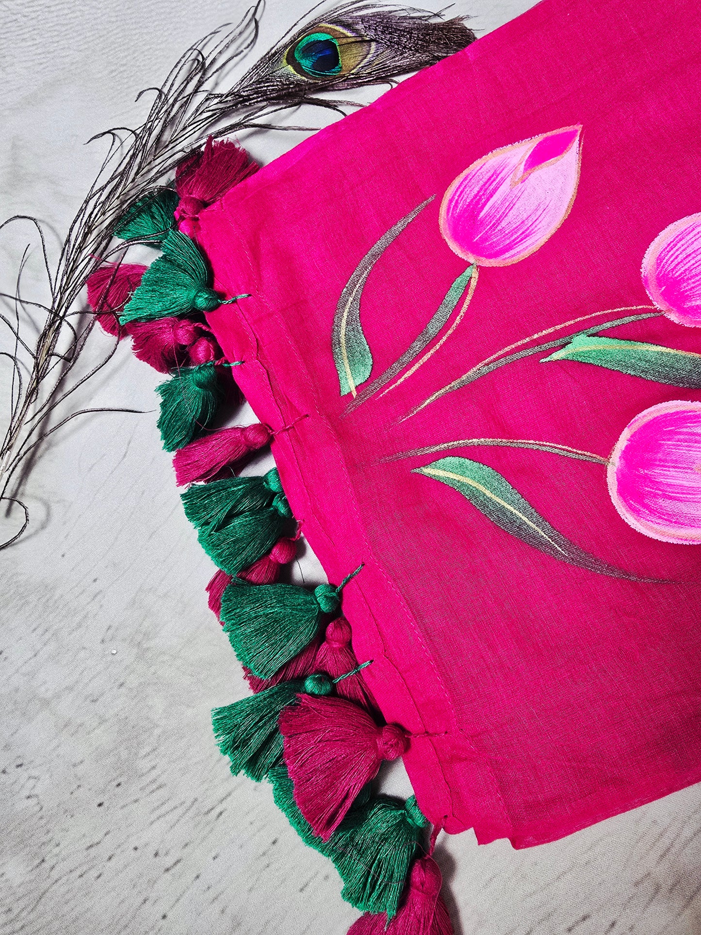 Rani Pink Hand-Painted Tulip Mul Cotton Saree with Handcrafted Tassels