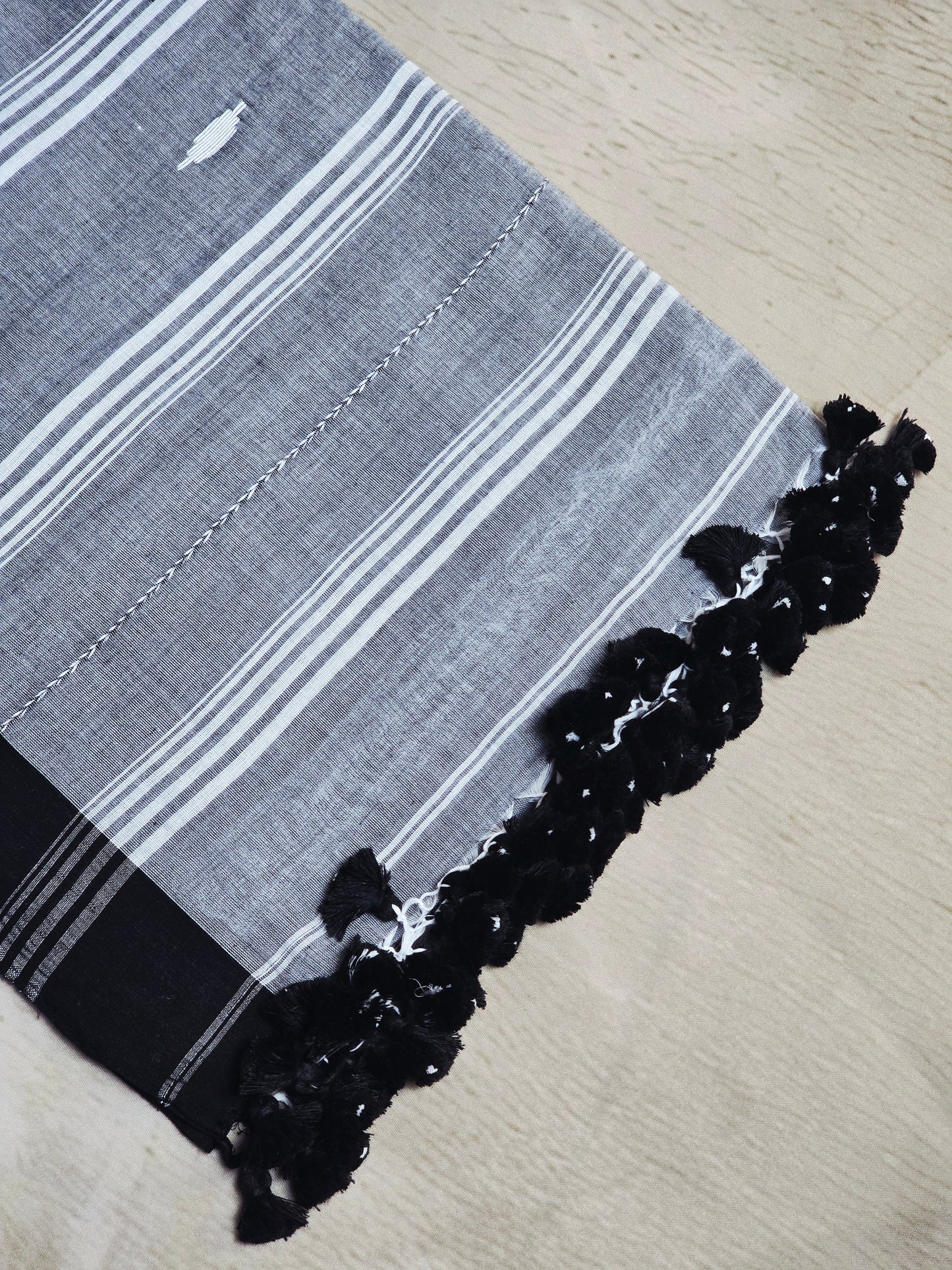 Black, Grey & White Jamdani Woven Mul Cotton Saree with Black Tassels