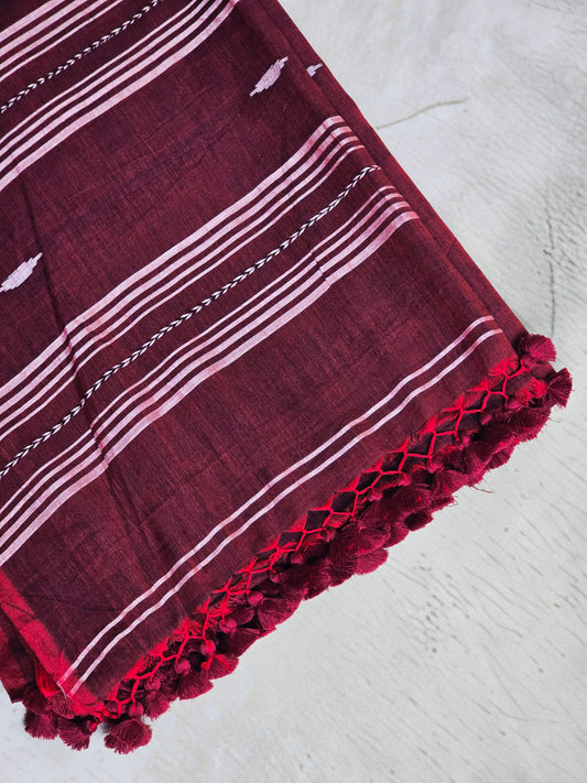 Wine & White Jamdani Woven Mul Cotton Saree with Crimson Border