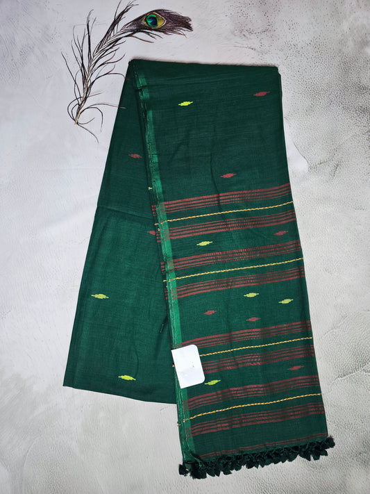 Forest Green & Maroon Jamdani Woven Mul Cotton Saree with Olive Butis