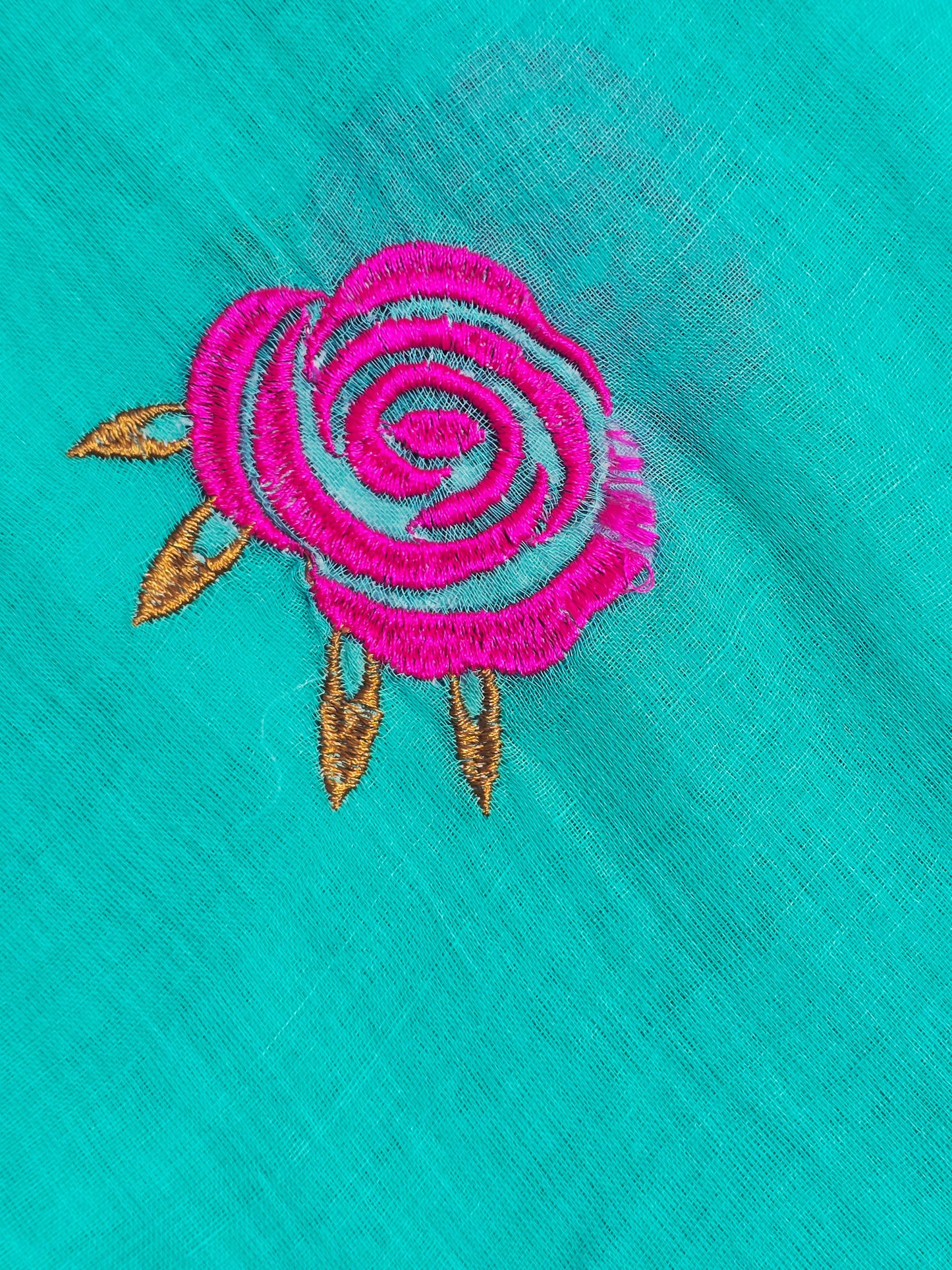 Aqua Blue Embroidered Rose Mul Cotton Saree with Magenta Border & Tassels