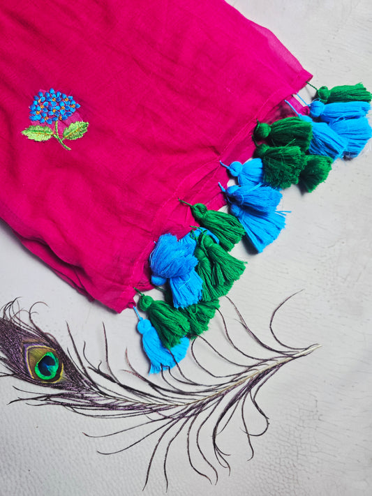 Rani Pink Mul Cotton Saree with Blue Floral Embroidery & Dual Tone Tassels