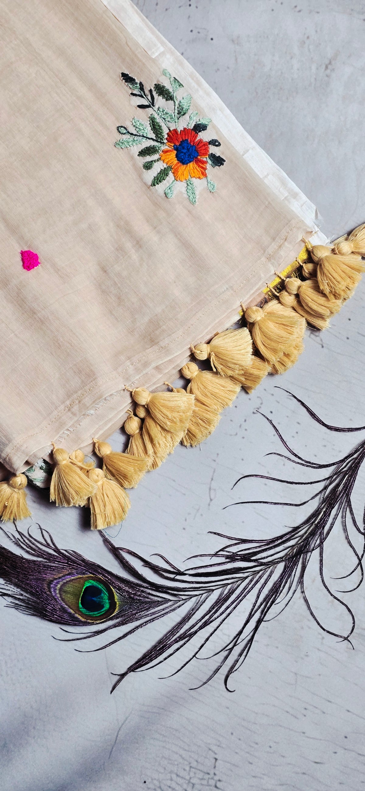 Beige Mul Cotton Saree with Multicolour Floral Embroidery & Mustard Tassel Border