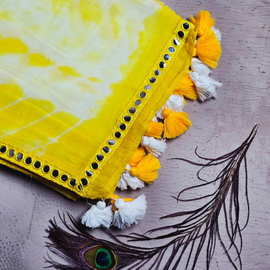 Yellow Mul Cotton Saree with Mirror Work Border & White-Yellow Tassels