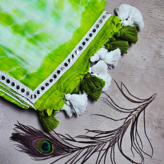 Lime Green Mul Cotton Saree with White Mirror Work Border & Green-White Tassels