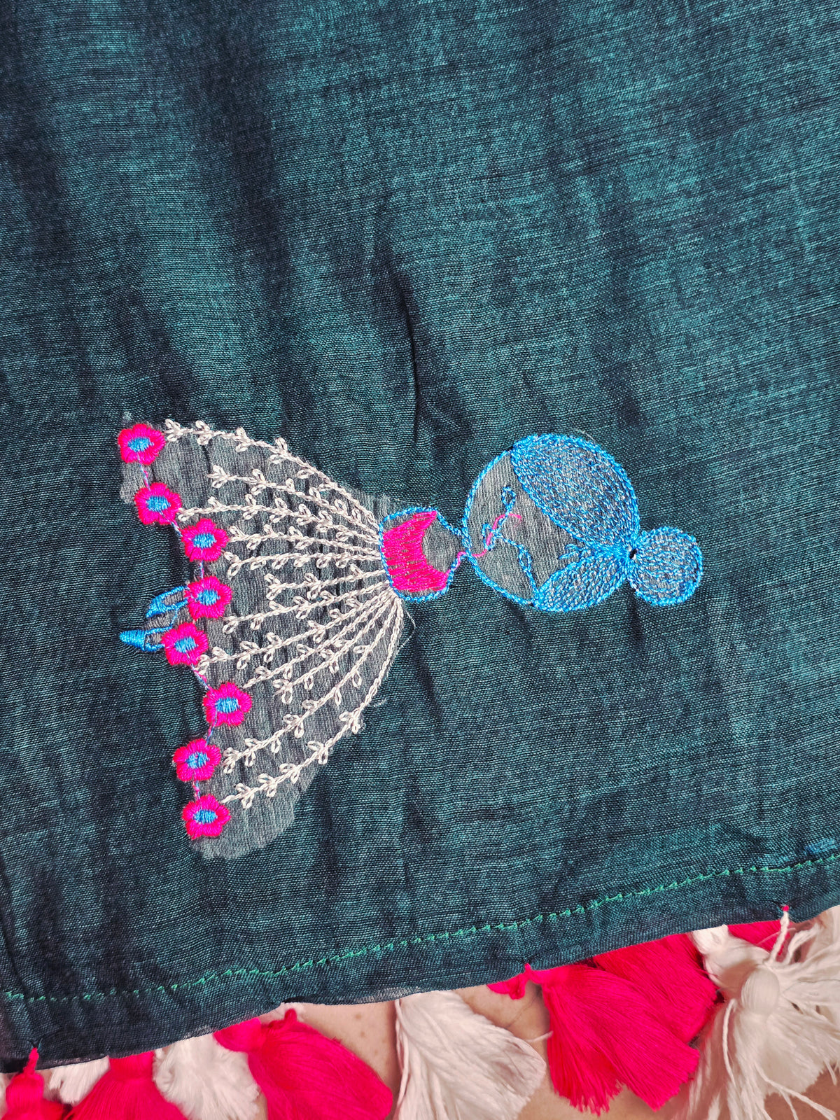 Teal Blue Mul Cotton Saree with Pink & White Floral Embroidery & Tassels