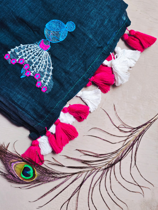Teal Blue Mul Cotton Saree with Pink & White Floral Embroidery & Tassels
