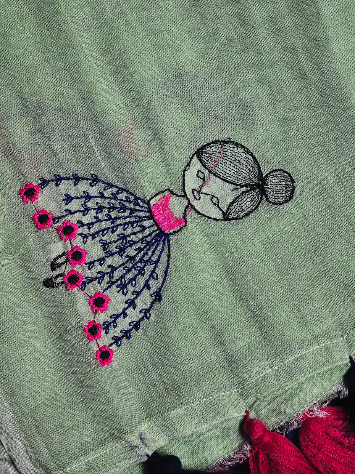 Mint Green Mul Cotton Saree with Pink & Navy Floral Embroidery & Tassels