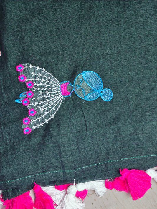 Deep Teal Mul Cotton Saree with Pink & White Floral Embroidery & Tassels