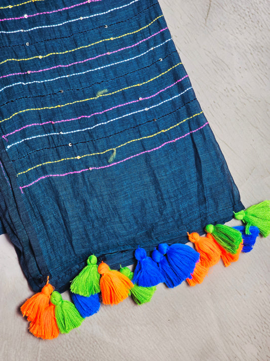 Midnight Blue Mul Cotton Saree with Multicolour Floral Embroidery & Tassels
