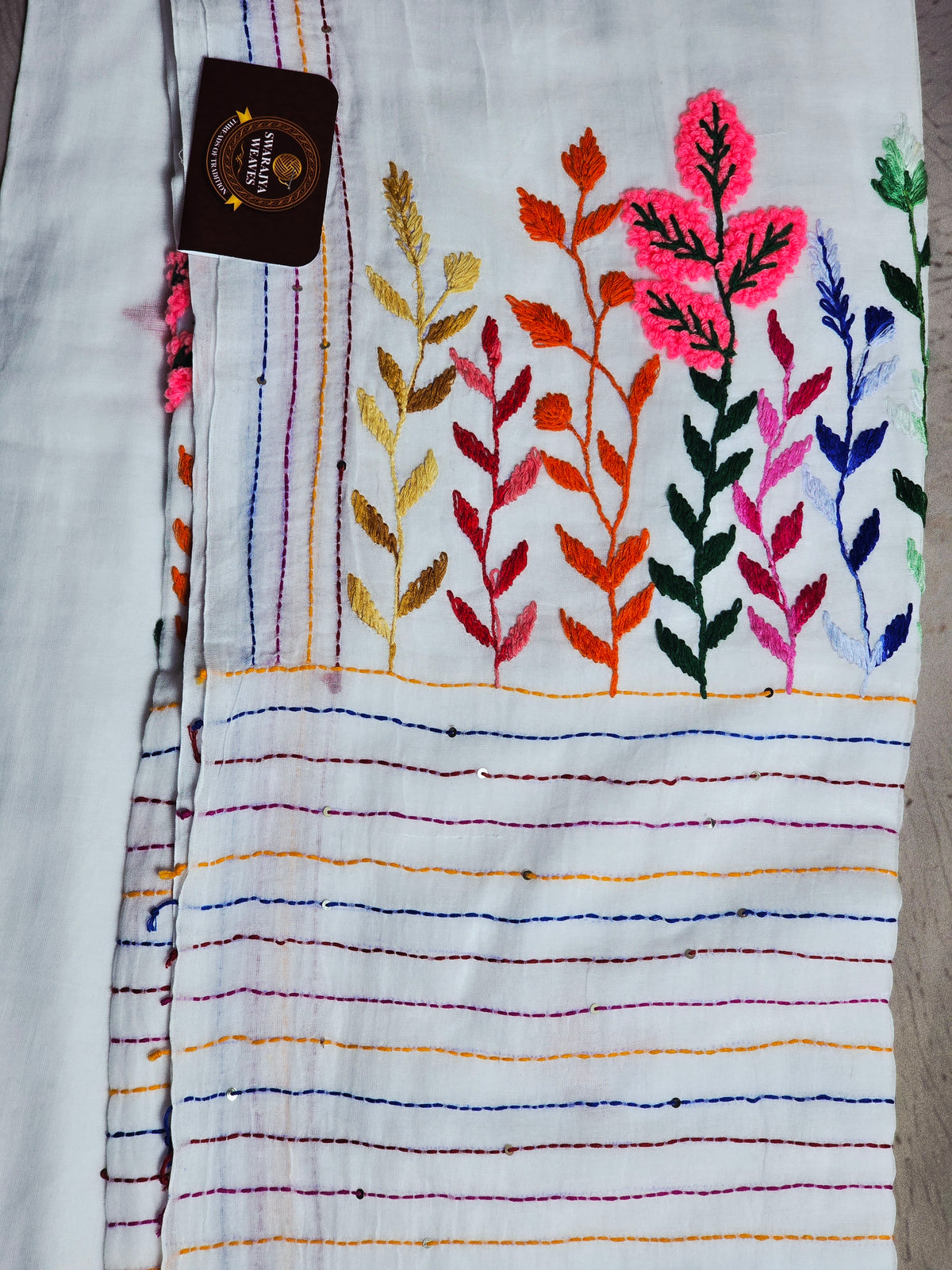Ivory White Mul Cotton Saree with Multicolour Floral Embroidery & Tassels