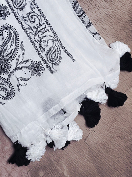 Ivory White Mul Cotton Saree with Black Paisley Embroidery & Tassels